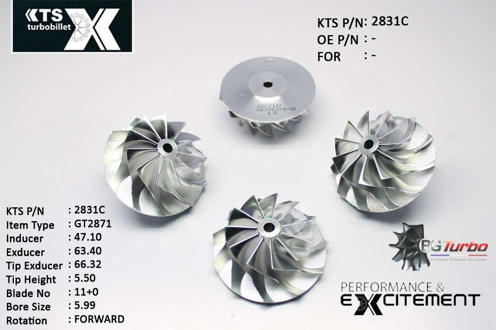 Turbo ROUE FORGÉE MFS PERFORMANCE - 11+0 PALES - INDUCER : 47,1 - EXDUCER : 63,4 - TYPE : GT2871ANGLE : 50° - ROTATION : Forward - SUPER BACK : 2,32 - BORE SIZE : 5,99
